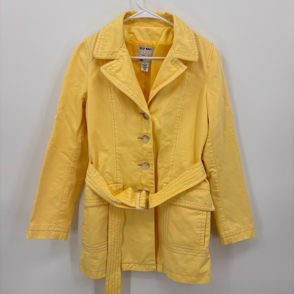 Vtg Y2K Old Navy Trench Coat Women Size M Yellow Excellent Belted Cotton Jacket